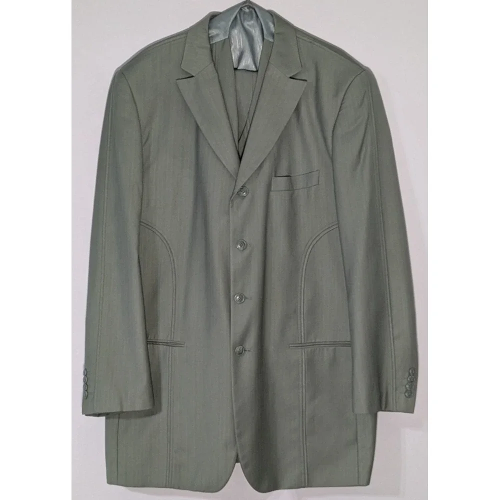 EJ Samuel 3pc Suit Sage Green Urban 4 Button Blazer Pleated Pants 44L - 38X32